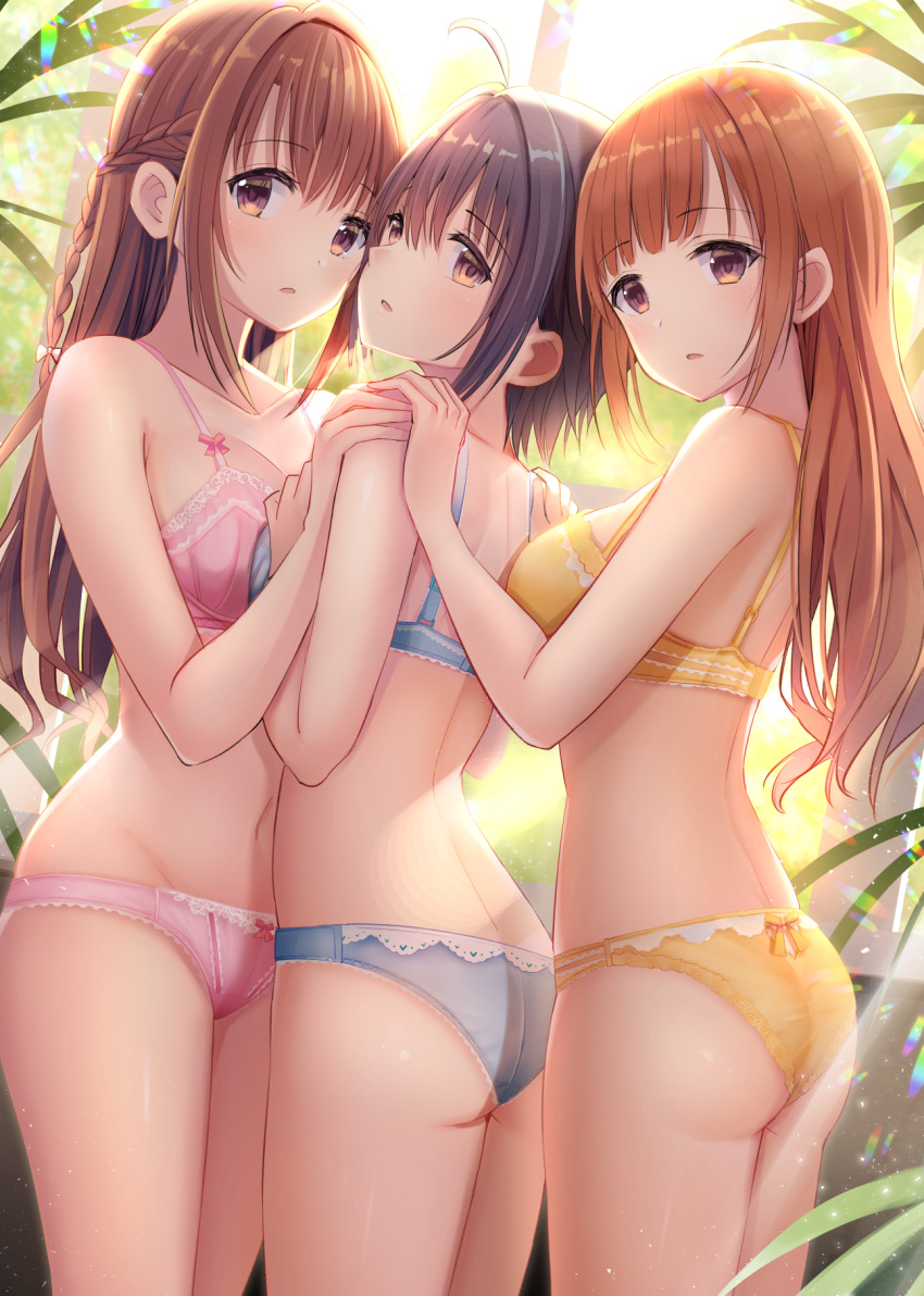 3girls, ahoge, ass, bangs, black_hair, blue_bra, blue_panties, blunt_bangs