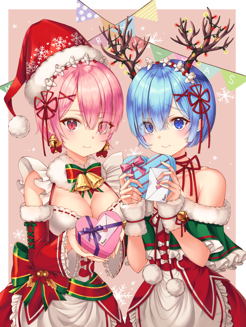 2girls, absurdres, bare_shoulders, bell, bell_earrings, blue_eyes, blue_hair, box