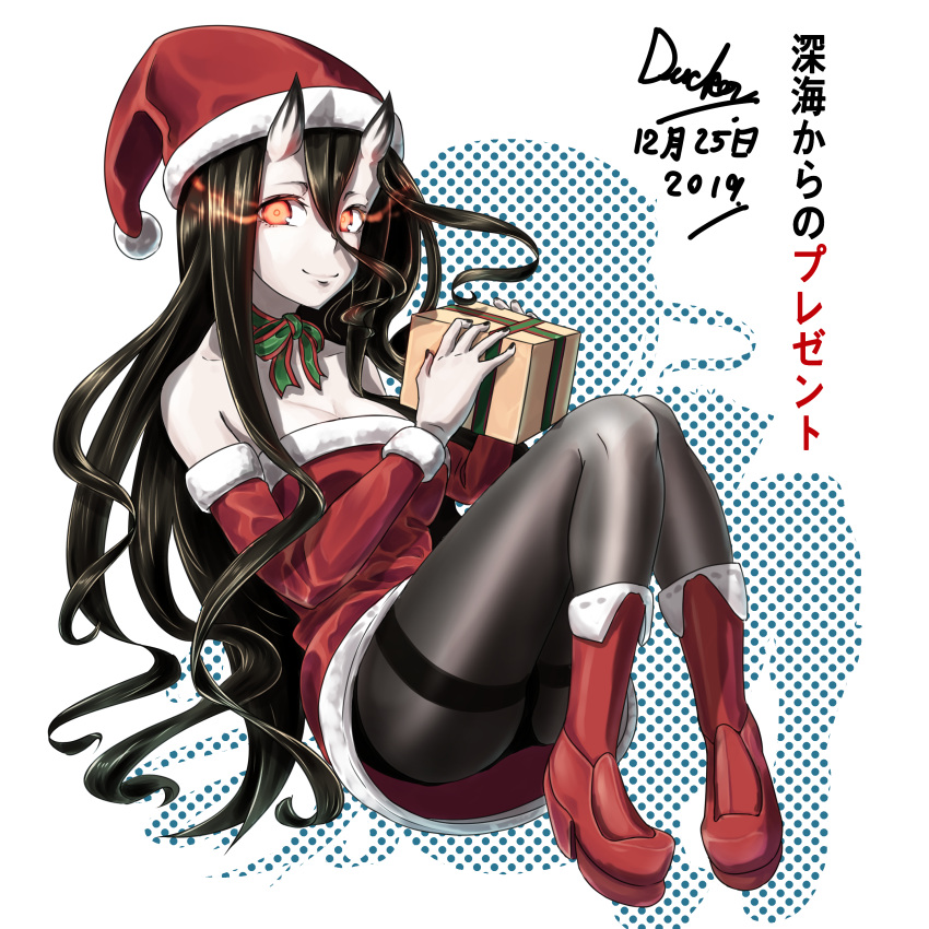 1girl, absurdres, alternate_costume, battleship_hime, black_hair, black_legwear, black_nails, black_panties, boots, box, christmas, detached_sleeves, dress, gift, gift_box, glowing, glowing_eyes, hat, highres, horns, kantai_collection, long_hair, looking_at_viewer, oni_horns, pale_skin, panties, panties_under_pantyhose, pantyhose, red_dress, red_eyes, red_footwear, rinwest, santa_boots, santa_costume, santa_hat, shinkaisei-kan, short_dress, sleeveless, sleeveless_dress, smile, solo, strapless, strapless_dress, thighband_pantyhose, underwear, very_long_hair, white_skin