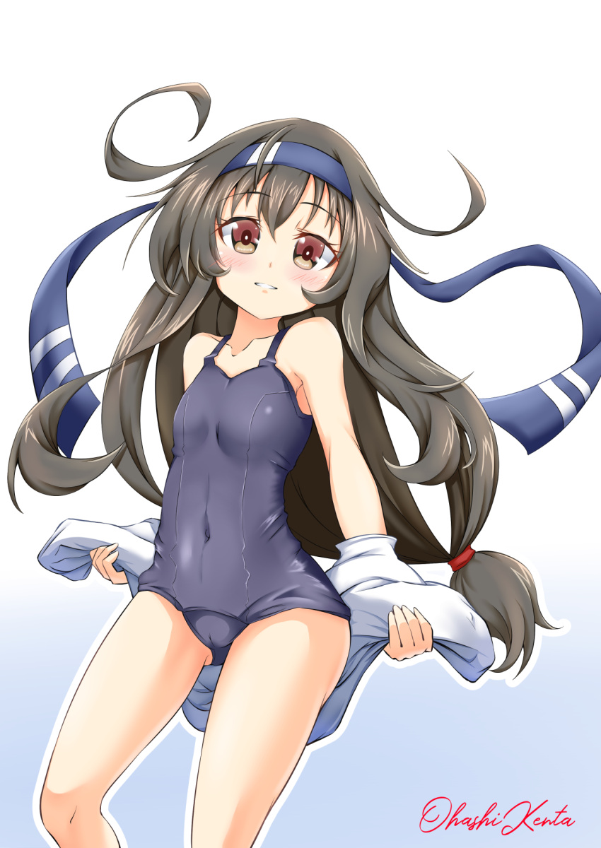 black_hair, blue_background, blue_swimsuit, blush, breasts, collarbone, covered_navel, eyebrows_visible_through_hair