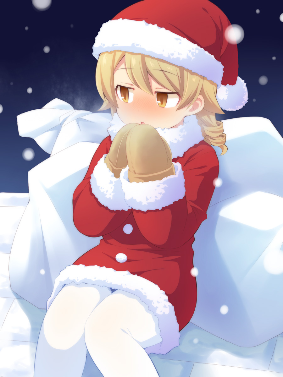 1girl, bangs, blush, breath, breathing_on_hands, brown_eyes, brown_mittens, commentary_request