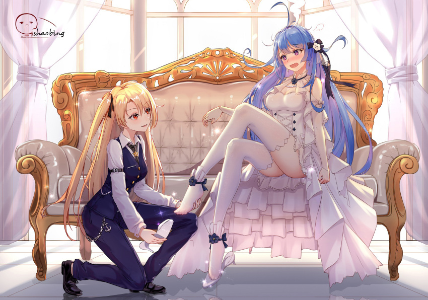 2girls, 5555_96, ahoge, artist_name, azur_lane, backlighting, bangs, black_footwear