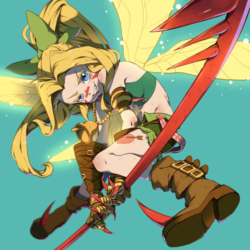 1girl, akeru, armlet, bell, belt, belt_boots, blonde_hair, blue_eyes, boots, bow, breasts, brown_footwear, claws, clenched_teeth, commentary_request, digimon, facial_mark, fairy_wings, fangs, full_body, glowing, glowing_wings, green_background, green_shirt, green_shorts, grin, groin, hair_bow, hair_intakes, heart, heart_tattoo, highres, holding, holding_spear, holding_weapon, leg_tattoo, light_particles, long_hair, looking_at_viewer, midriff, multiple_wings, navel, polearm, ponytail, shirt, short_shorts, shorts, simple_background, sleeveless, small_breasts, smile, solo, spear, tattoo, teeth, tinkermon, weapon, wings