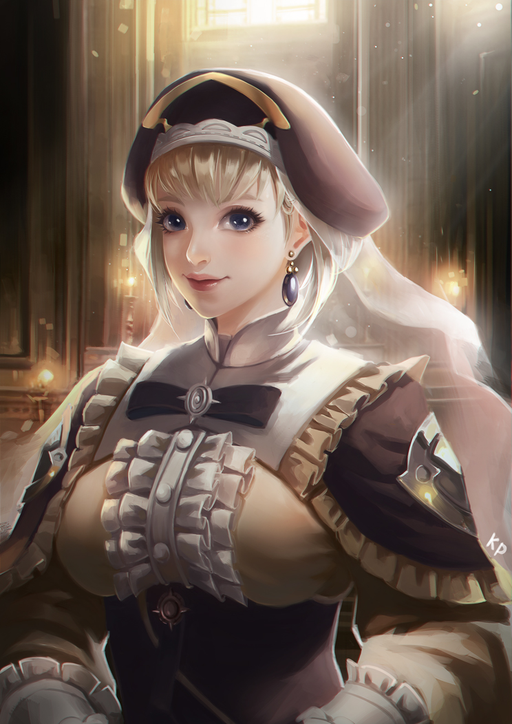 1girl, blonde_hair, blue_eyes, brown_headwear, earrings, fire_emblem, fire_emblem:_three_houses, frills, indoors, jewelry, looking_at_viewer, mercedes_von_martritz, short_hair, smile, solo, subaru01rins, upper_body, veil