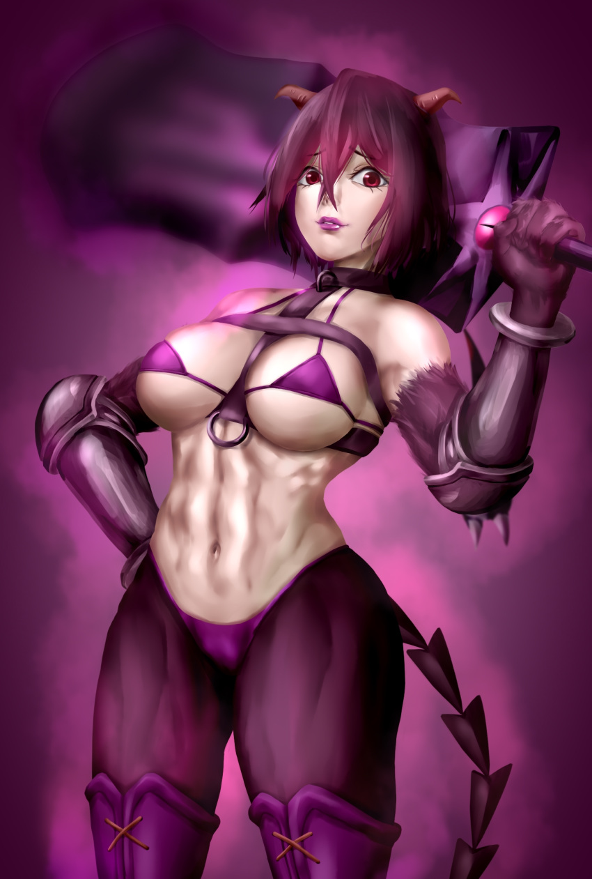 1girl, abs, aura, bangs, bare_shoulders, between_breasts, bikini, boots, breasts, chaos_machina_(kono_yuusha_ga_ore_tueee_kuse_ni_shinchou_sugiru), collar, crossed_bangs, eyebrows_visible_through_hair, eyelashes, gauntlets, hair_between_eyes, hand_on_hip, hand_up, highleg, highleg_bikini, highres, holding, holding_sword, holding_weapon, horns, kono_yuusha_ga_ore_tueee_kuse_ni_shinchou_sugiru, large_breasts, lips, lipstick, looking_at_viewer, makeup, metal_collar, monster_girl, navel, nostrils, pale_skin, parted_lips, purple_background, purple_bikini, purple_lipstick, short_hair, shriohalfarm, solo, standing, string_bikini, swimsuit, sword, tail, thick_thighs, thigh-highs, thigh_boots, thighs, toned, under_boob, weapon