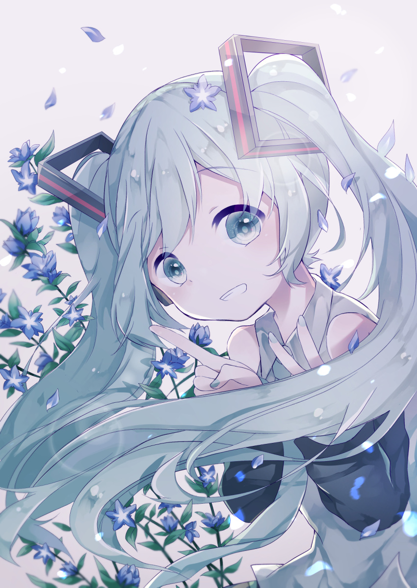 1girl, aqua_eyes, aqua_hair, aqua_nails, aqua_neckwear, bare_shoulders, black_sleeves, commentary