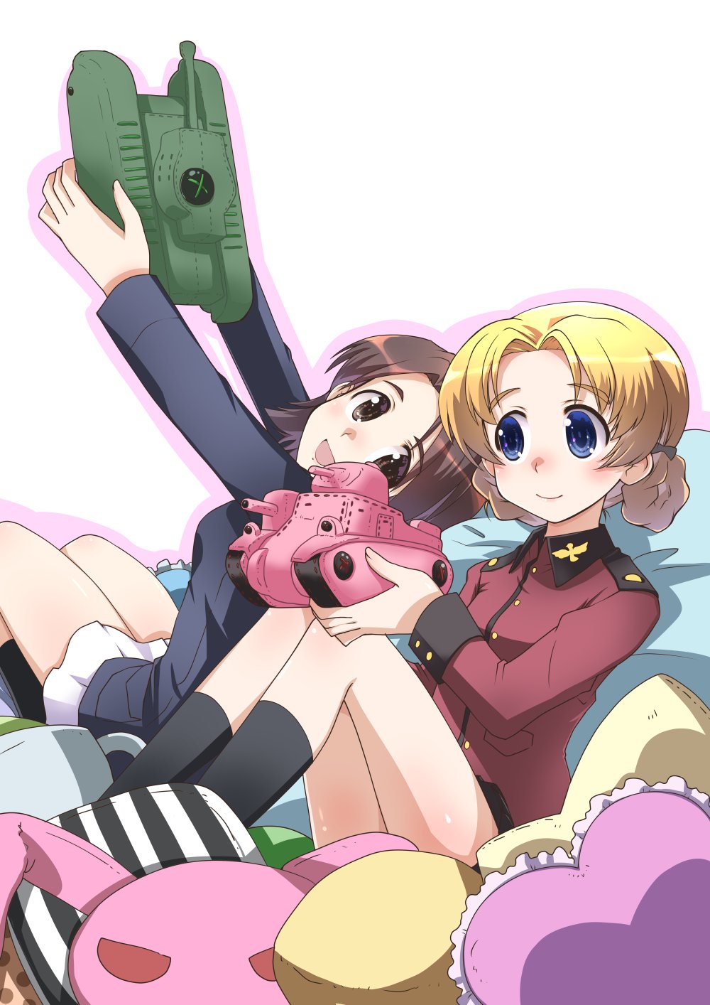 2girls, arms_up, bangs, bean_bag_chair, black_legwear, black_ribbon, black_skirt, blue_eyes