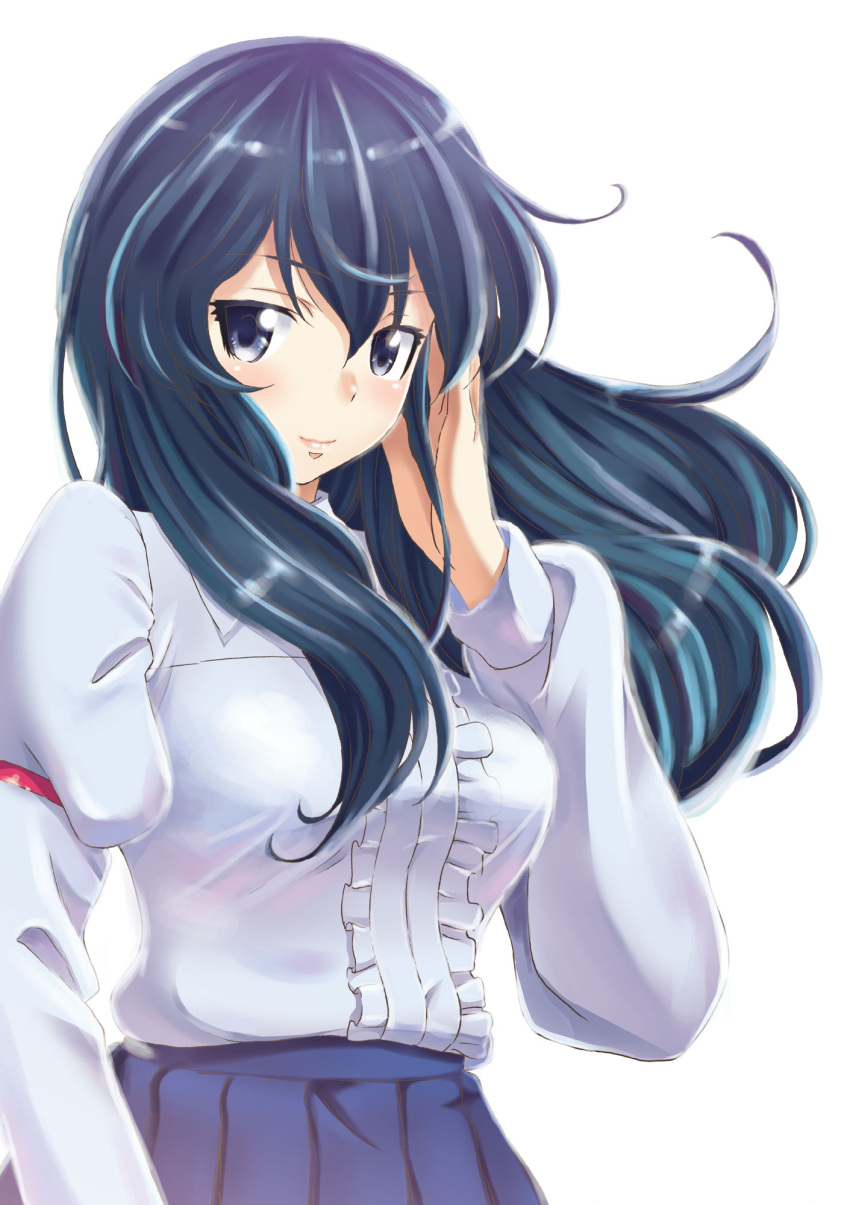 1girl, arm_garter, blouse, blue_eyes, blue_hair, blue_skirt, closed_mouth, commentary_request