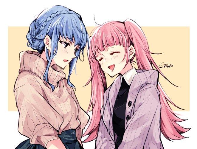 2girls, alternate_costume, blue_hair, braid, closed_eyes, crown_braid, fire_emblem, fire_emblem:_three_houses