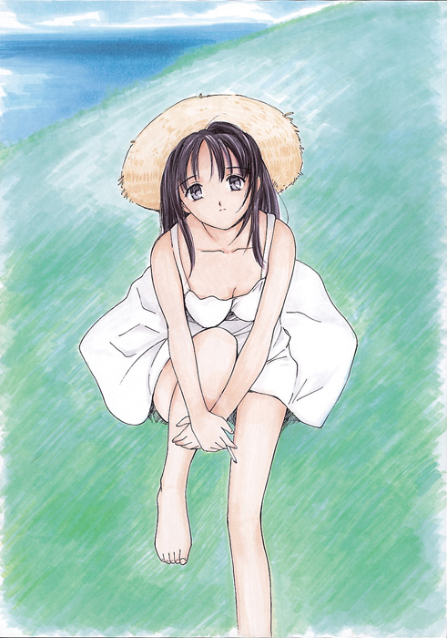 black_hair, breasts, cigarette, cleavage, dress, feet, grass, hat