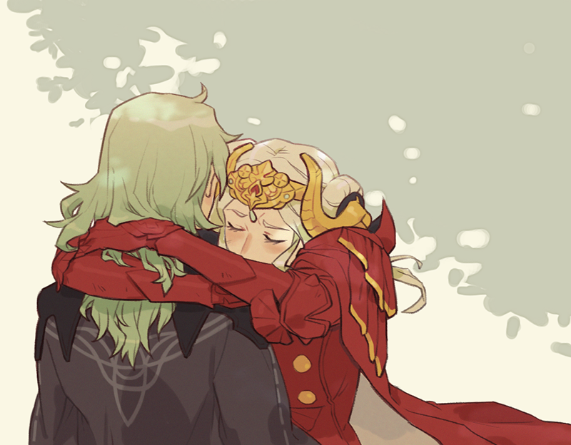 2girls, back, byleth_(fire_emblem), byleth_eisner_(female), cape, closed_eyes, edelgard_von_hresvelg, fire_emblem