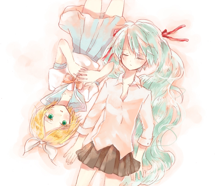 bad_id, blonde_hair, closed_eyes, green_eyes, green_hair, hatsune_miku, kagamine_rin, multiple_girls