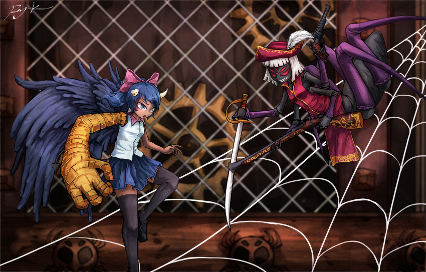 2girls, antique_firearm, bangs, black_legwear, blouse, blue_blouse, blue_eyes, blue_hair