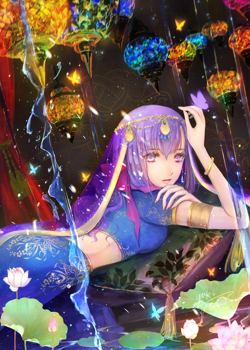 1girl, armlet, bangs, blue_butterfly, blue_skirt, blurry, bracelet, bud