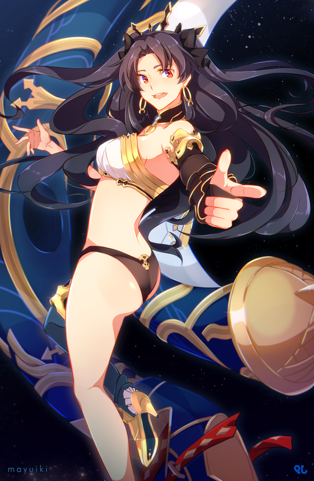 1girl, armlet, ass, asymmetrical_legwear, asymmetrical_sleeves, bangs, black_ribbon, breasts