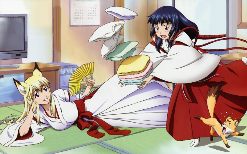 arm_support, blonde_hair, blue_hair, fan, folding_fan, fox, fox_ears, highres, japanese_clothes, kou, kou_(wagaya), long_hair, lying, miko, nitta_yasunari, on_side, tabi, tatami, television, tenko_kuugen, towel, trip, tripping, wagaya_no_oinari-sama, wallpaper