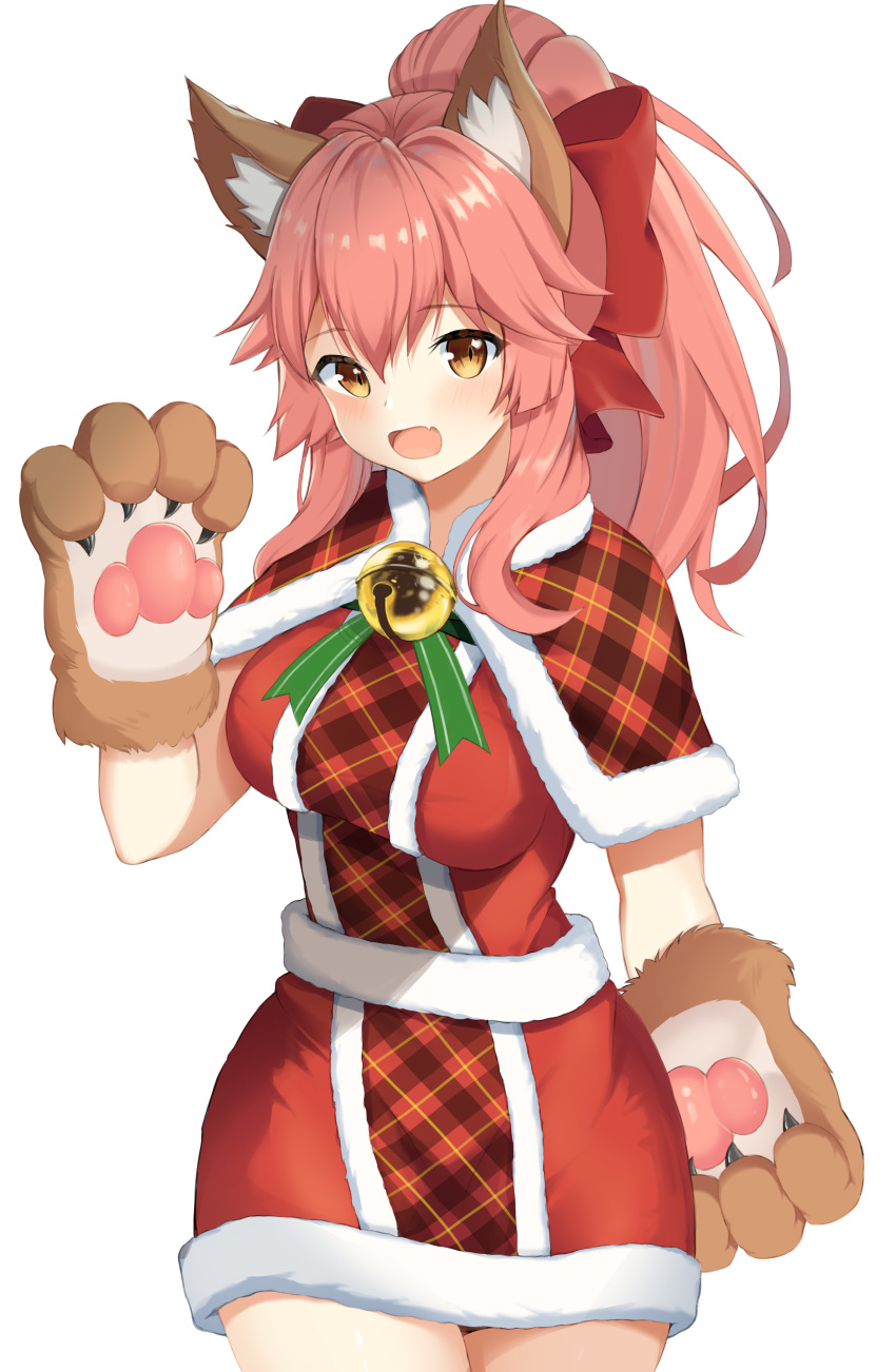1girl, absurdres, animal_ear_fluff, animal_ears, bell, bell_collar, breasts, cat_paws