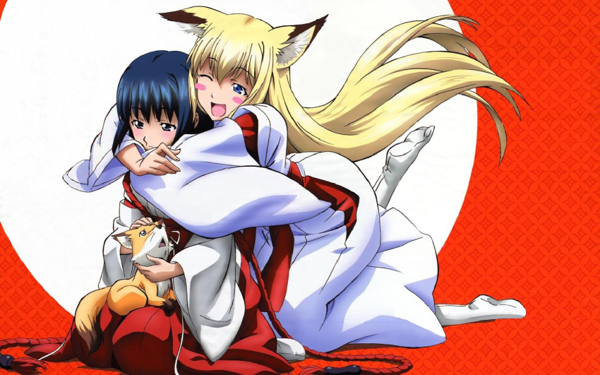 blonde_hair, blue_eyes, blue_hair, blush, fox, fox_ears, hug, japanese_clothes, kou, kou_(wagaya), long_hair, miko, socks, tabi, tenko_kuugen, wagaya_no_oinari-sama, wallpaper, wink