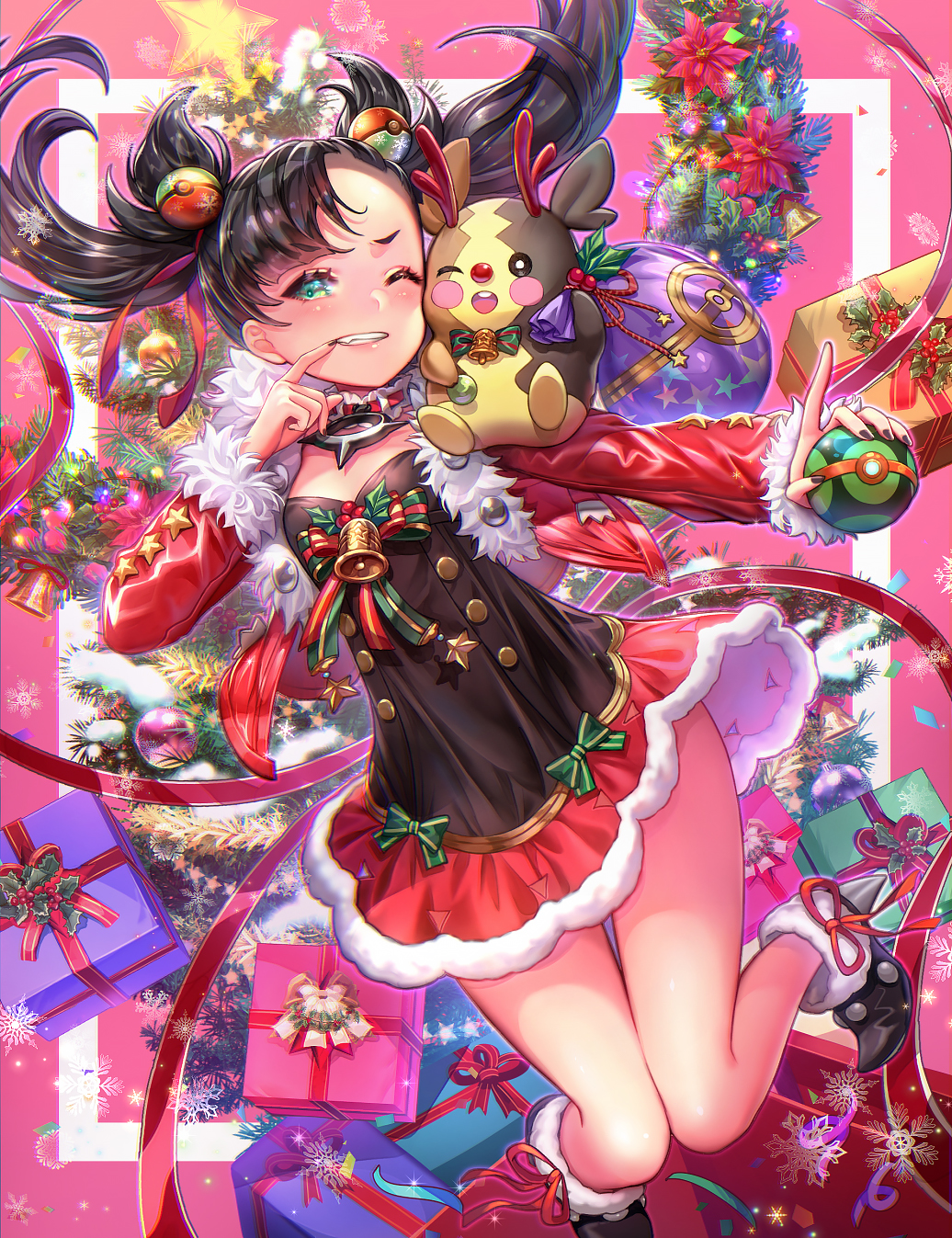 1girl, antlers, aqua_eyes, asymmetrical_bangs, asymmetrical_hair, bangs, bell, black_dress, black_footwear, black_hair, black_nails, blush, breasts, choker, christmas, commentary_request, dress, fur_trim, gift, hair_ribbon, highres, holding, holding_poke_ball, jacket, long_sleeves, looking_at_viewer, lunarmimi, mary_(pokemon), morpeko, one_eye_closed, poke_ball, poke_ball_hair_ornament, pokemon, pokemon_(game), pokemon_on_shoulder, pokemon_swsh, red_choker, red_dress, red_jacket, red_ribbon, reindeer_antlers, ribbon, shoe_ribbon, small_breasts, teeth, twintails