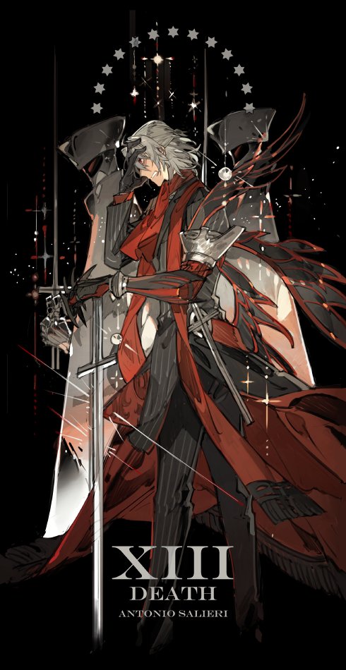 1boy, antonio_salieri_(fate/grand_order), armor, ascot, black_background, black_gloves, black_jacket, black_pants