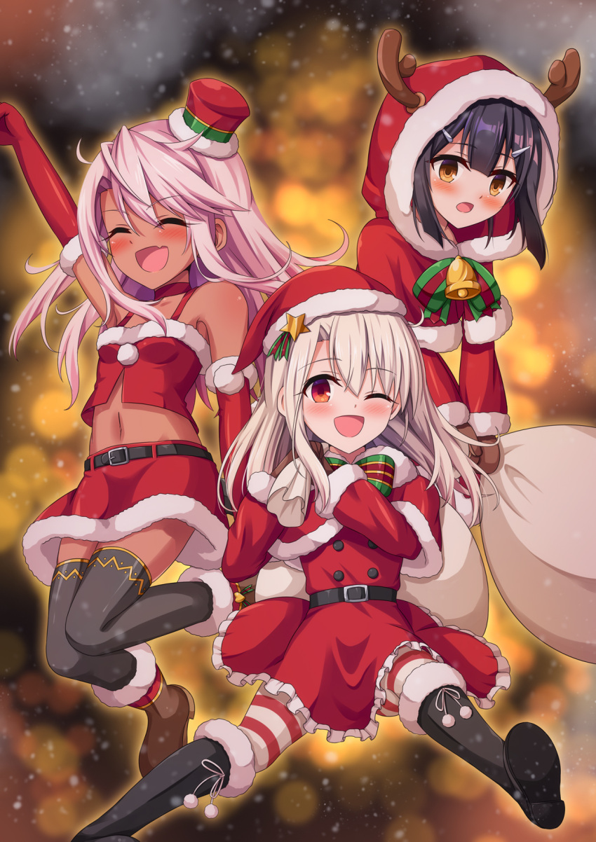 3girls, alternate_costume, black_hair, black_legwear, breasts, brown_eyes, chloe_von_einzbern, christmas