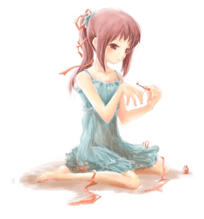 barefoot, bow, brown_eyes, brown_hair, dress, genderswap, hachimitsu, hachimitsu_(rjrjr)