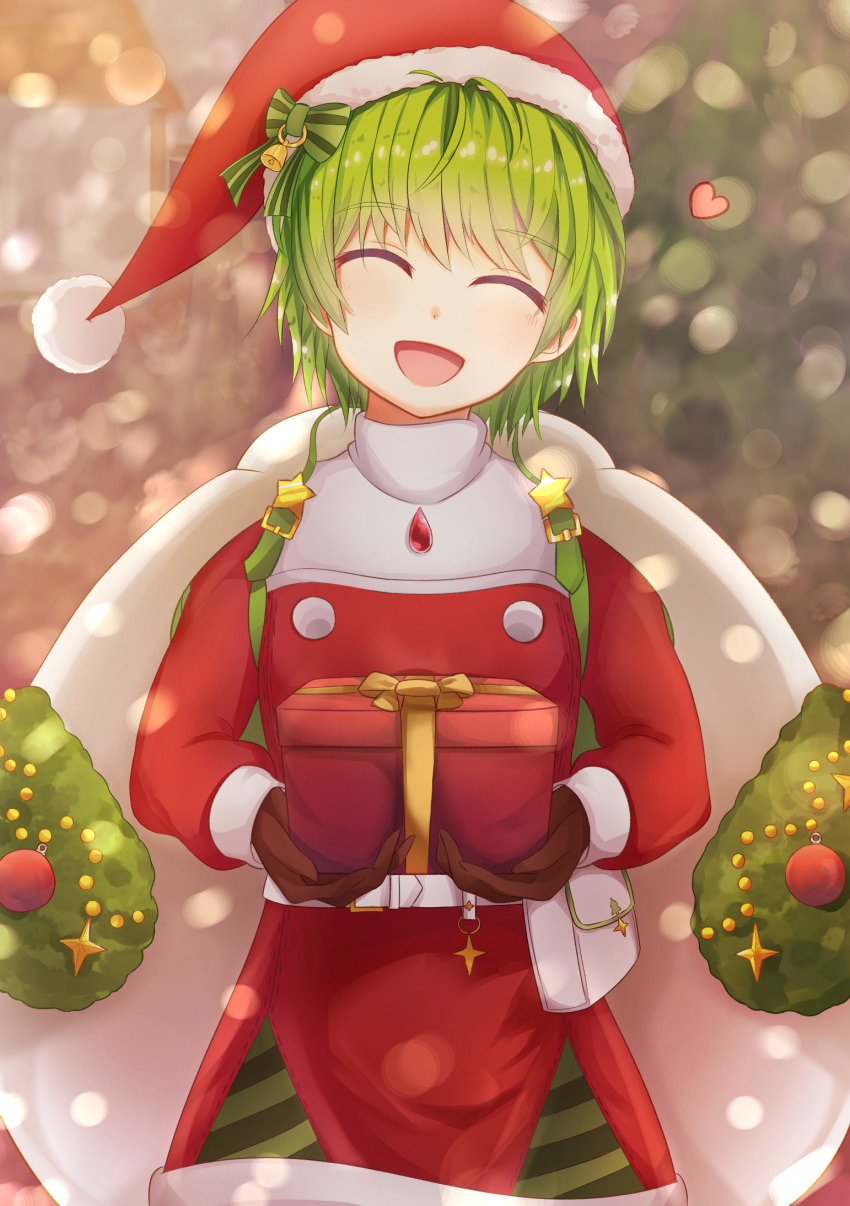 1girl, akise_jin_(mureijem), bell, bow, box, brown_gloves, closed_eyes, dress, fire_emblem, fire_emblem:_the_blazing_blade, fire_emblem_heroes, fur_trim, gift, gift_box, gloves, green_hair, hat, heart, highres, holding, long_sleeves, nino_(fire_emblem), open_mouth, pom_pom_(clothes), red_headwear, santa_costume, santa_hat, short_hair, solo