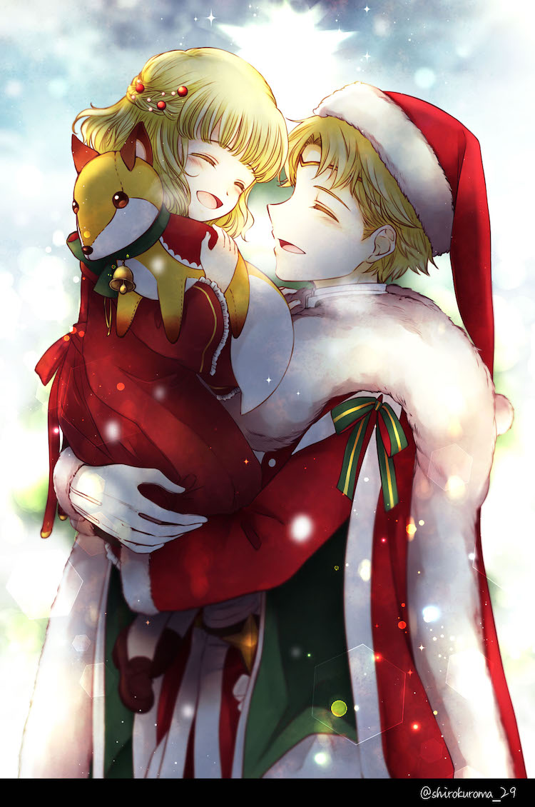 1boy, 1girl, blonde_hair, bow, brother_and_sister, cape, carrying, circlet