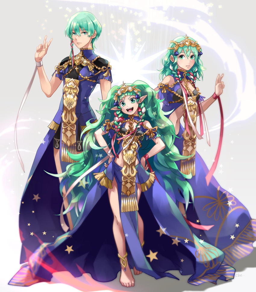1boy, 2girls, barefoot, braid, byleth_(fire_emblem), byleth_eisner_(female), byleth_eisner_(male), cbe39373