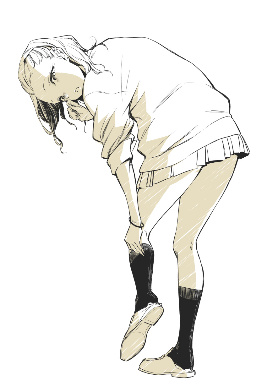 1girl, absurdres, adjusting_sock, anjou_(yancha_gal), baggy_clothes, bent_over, black_legwear, bracelet, commentary, earrings, eyebrows, eyelashes, fingernails, highres, jewelry, light_rays, long_fingernails, looking_at_viewer, looking_back, medium_hair, monochrome, open_mouth, pleated_skirt, school_uniform, shade, shoes, simple_background, skirt, sweater, thighs, wavy_hair, white_background, yancha_gal_no_anjou-san, yuuichi_katou