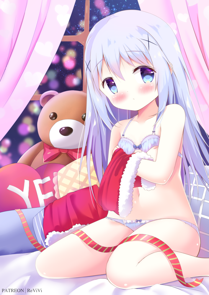 1girl, bangs, bare_legs, bare_shoulders, bed_sheet, blue_bra, blue_eyes, blue_hair
