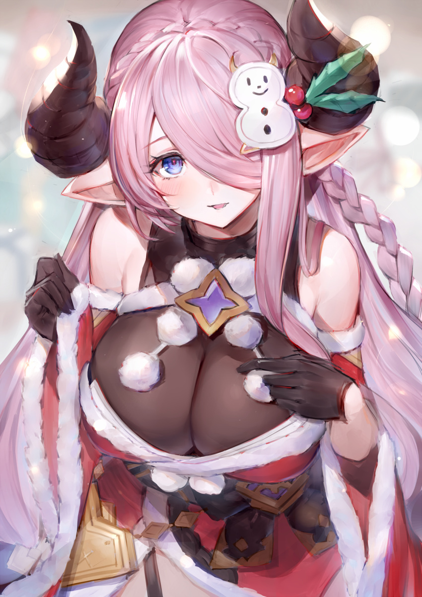 1girl, bare_shoulders, black_gloves, blue_eyes, blush, braid, breasts, detached_sleeves