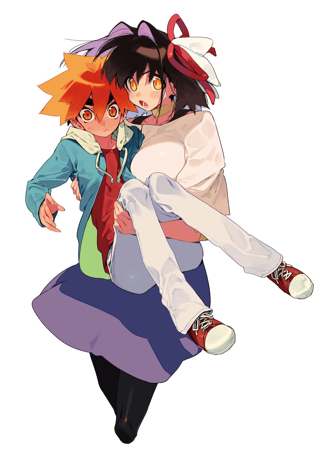 1boy, 1girl, ano_hito_no_i_ni_wa_boku_ga_tarinai, bandaid, blue_sweater, blush, brown_hair, carrying, chomoran, closed_mouth, collarbone, ear_blush, funatsugi_makie, hair_ribbon, highres, lower_teeth, medium_hair, open_mouth, orange_eyes, orange_hair, purple_skirt, red_footwear, red_ribbon, red_shirt, ribbon, shirt, simple_background, skirt, sweat, sweater, teeth, tongue, white_background, white_legwear, yellow_eyes