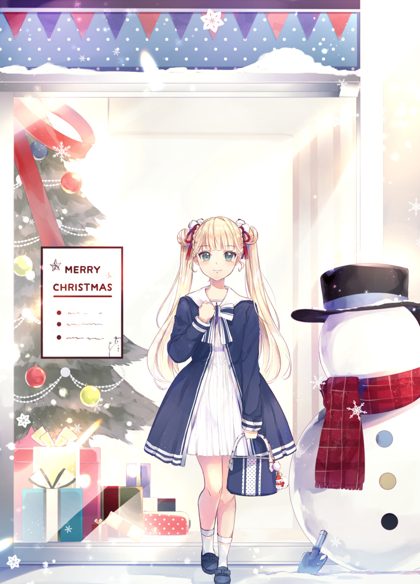 1girl, bag, bag_charm, bangs, blonde_hair, blue_dress, blue_footwear, blunt_bangs