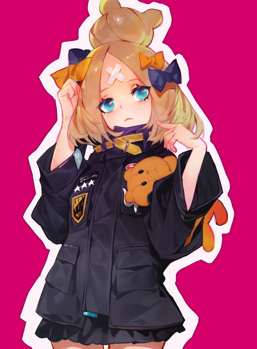 1girl, abigail_williams_(fate/grand_order), absurdres, bandaid_on_forehead, bangs, black_bow, black_jacket, blonde_hair