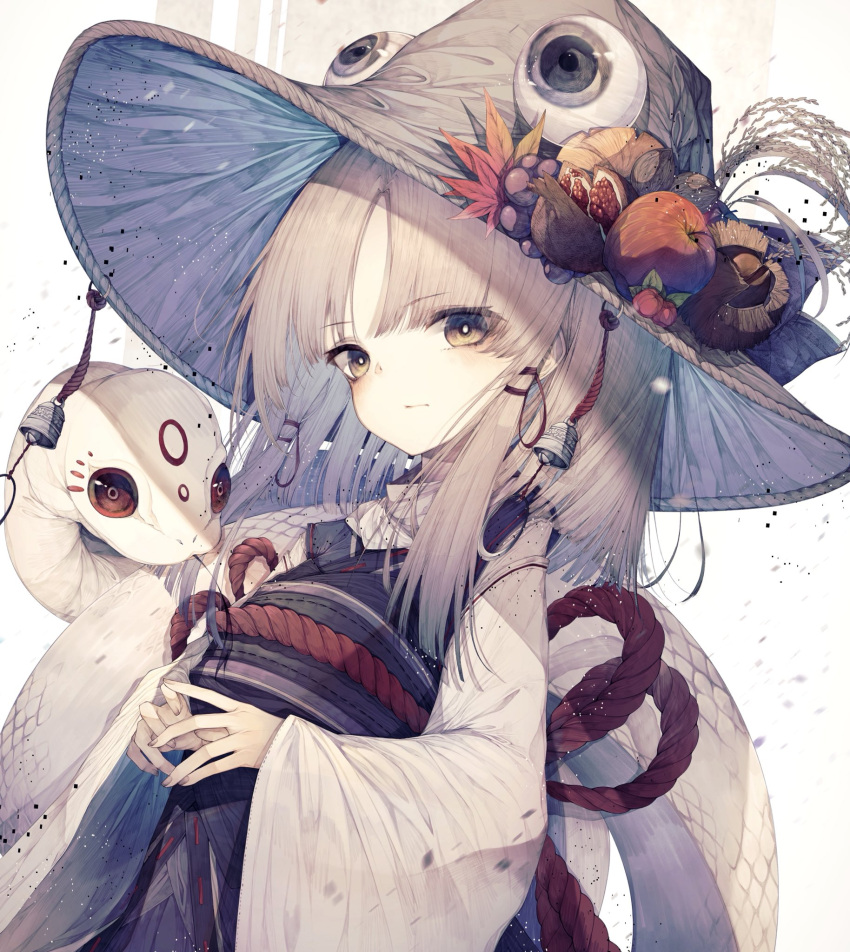 1girl, animal, apple, bangs, bell, blonde_hair, cherry, chestnut