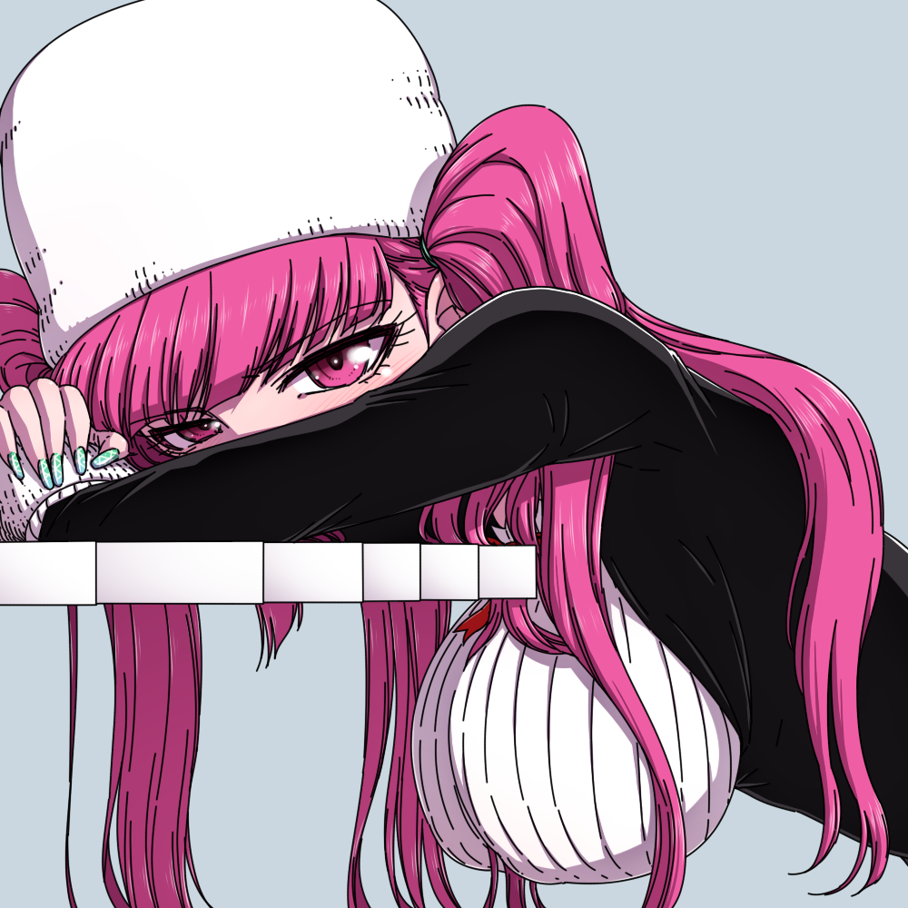 1girl, bleach, blush, breasts, commentary_request, dokugamine_riruka, dress, hanya_(hanya_yashiki), hat, large_breasts, long_hair, looking_at_viewer, nail_polish, purple_hair, simple_background, solo, twintails, violet_eyes