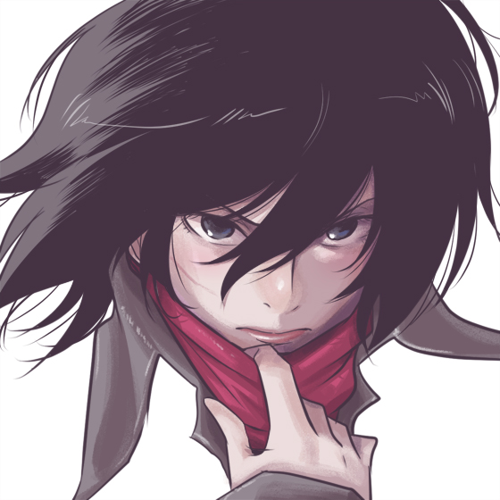 1girl, black_eyes, black_hair, closed_mouth, commentary_request, medium_hair, mikasa_ackerman, scarf