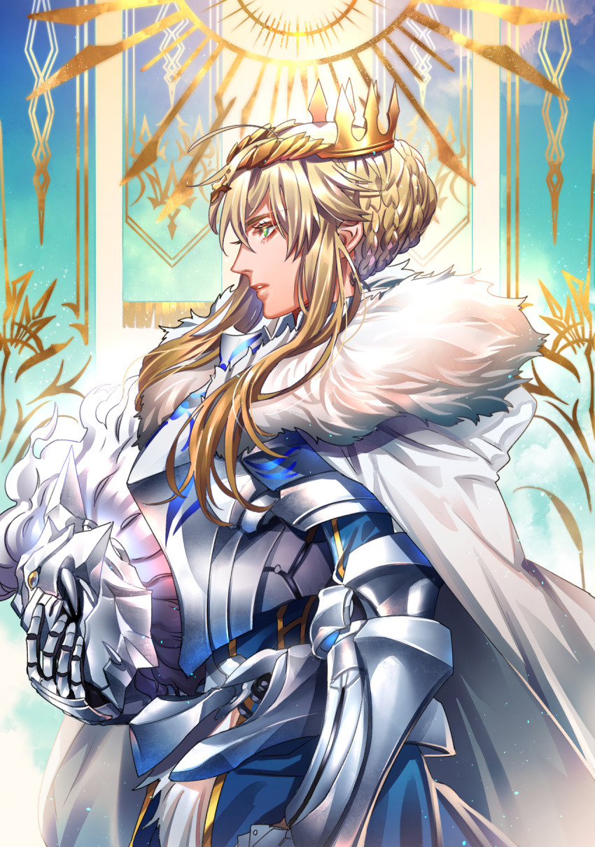 1girl, ahoge, armor, artoria_pendragon_(all), artoria_pendragon_(lancer), bangs, banner, blonde_hair