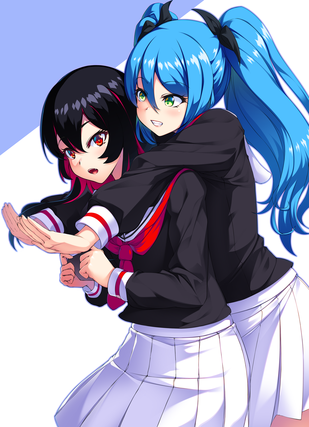 2girls, annie_bass, arata, bangs, black_hair, black_shirt, black_skirt, blue_hair, clenched_teeth, colored_inner_hair, eyebrows_visible_through_hair, genderswap, genderswap_(mtf), green_eyes, grin, hair_between_eyes, hair_ribbon, highres, hug, hug_from_behind, long_hair, long_sleeves, multicolored_hair, multiple_girls, neckerchief, open_mouth, pleated_skirt, purple_hair, red_eyes, red_neckwear, ren_(witch's_weapon), ribbon, sailor_collar, school_uniform, shirt, skirt, smile, streaked_hair, teeth, twintails, two-tone_hair, very_long_hair, white_sailor_collar, witch's_weapon