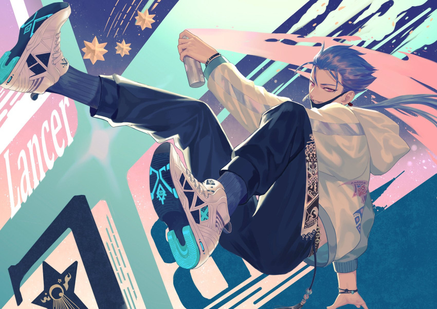 1boy, alternate_costume, arm_support, bangs, black_legwear, black_pants, blue_hair, bracelet