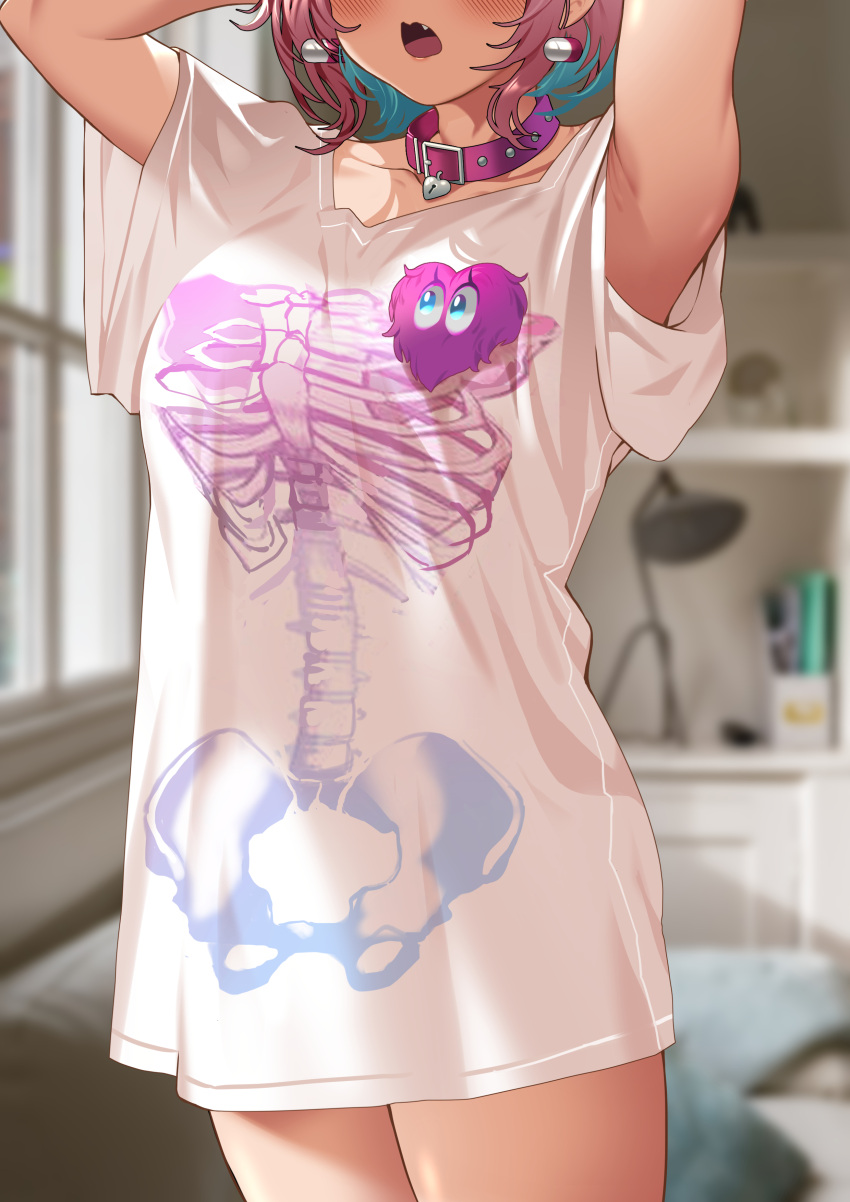 1girl, absurdres, bedroom, blue_hair, blush, breasts, bsue, collar
