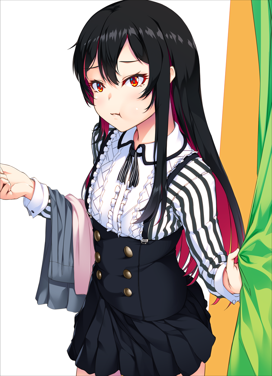 1girl, arata, bangs, black_hair, black_ribbon, black_skirt, center_frills, changing_room