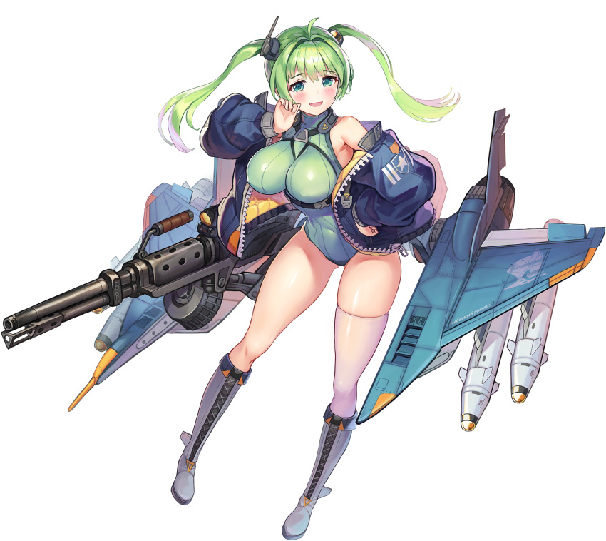 1girl, asymmetrical_legwear, blue_eyes, blush, boots, breasts, full_body, green_hair