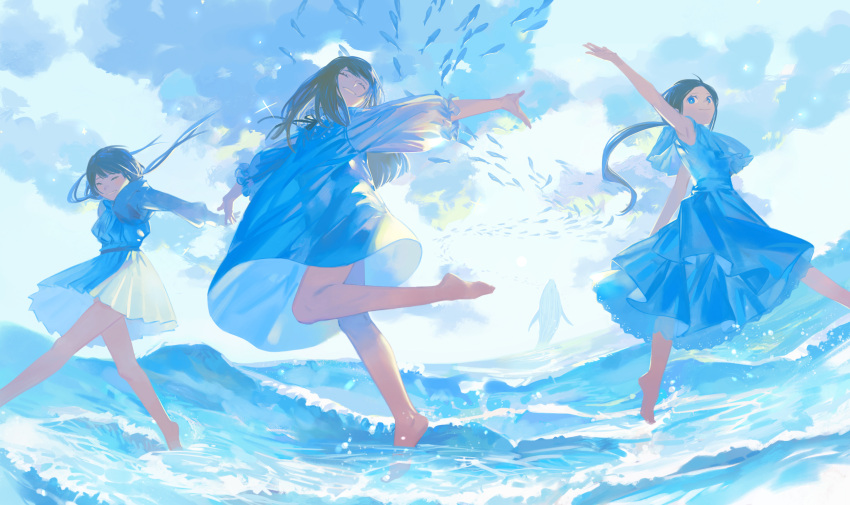 3girls, absurdres, animal, arm_up, barefoot, black_hair, blue_dress, blue_eyes