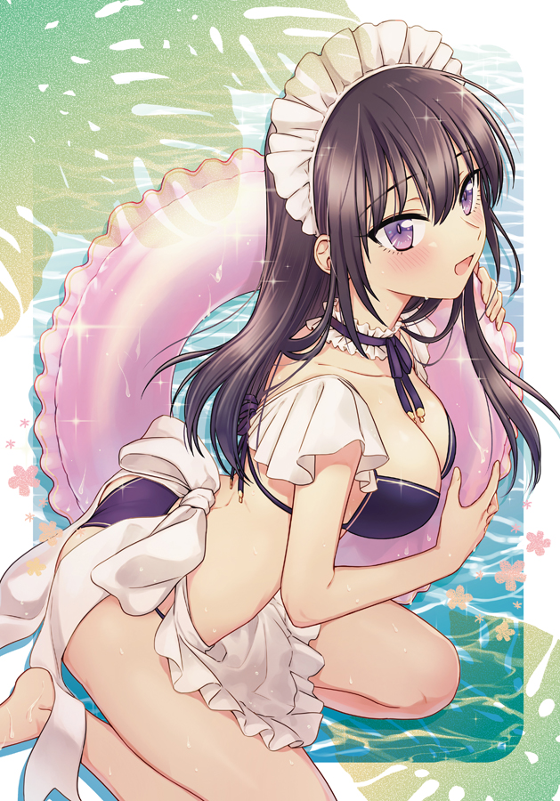 1girl, apron, bikini, black_bikini, bliss_(ferment_factory), blush, breasts, brown_hair