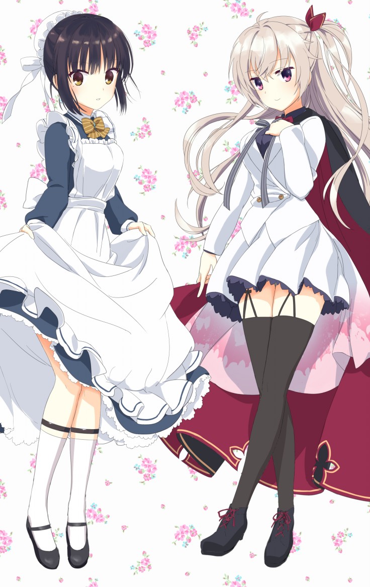 2girls, akizuki_kanna, apron, black_cape, black_footwear, black_hair, black_legwear, breasts