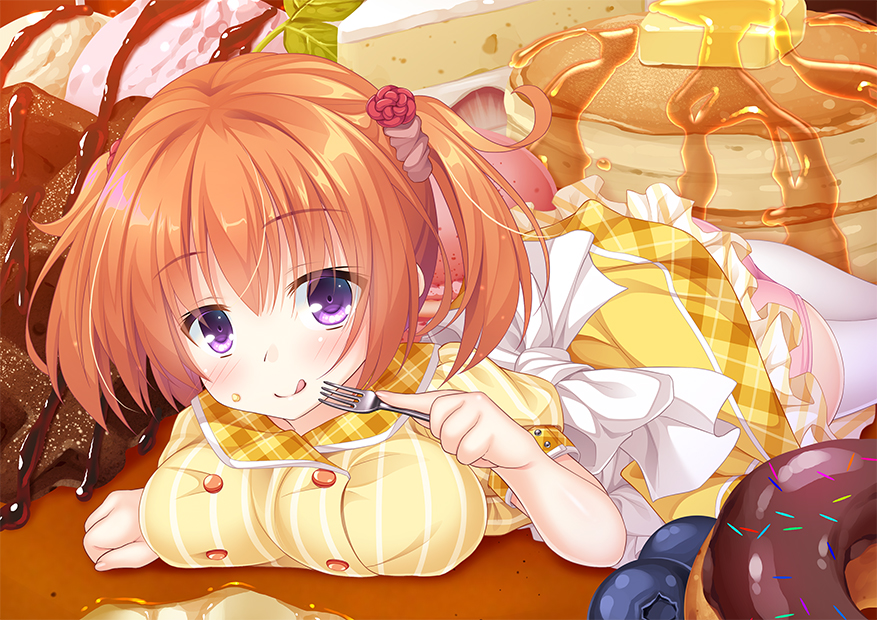 1girl, :p, blueberry, blush, breasts, cafe_stella_to_shinigami_no_chou, cake, doughnut