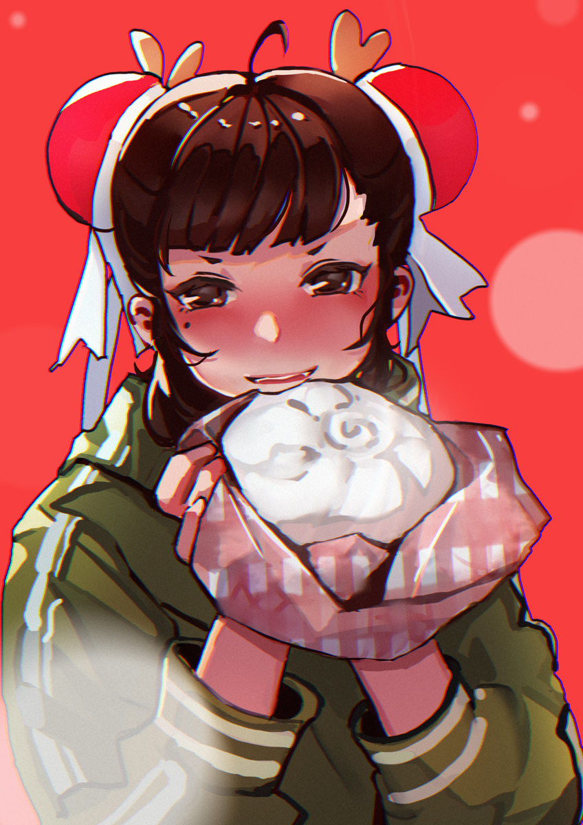 1girl, ahoge, bangs, baozi, blush, brown_eyes, brown_hair, bun_cover