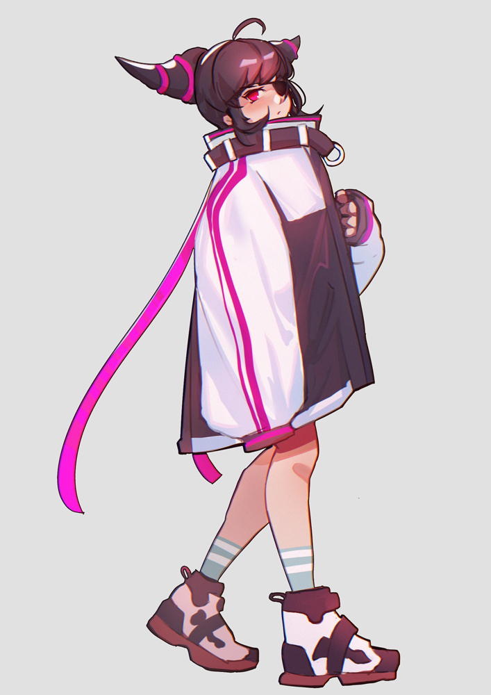 1girl, ahoge, baggy_clothes, black_hair, casual, eyepatch, han_juri, hiroshi_(hiroshixhiss)